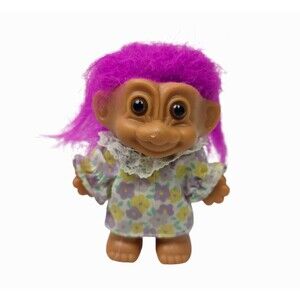 Vintage Russ Troll Doll Flower Dress Outfit Purple Hair 3"
